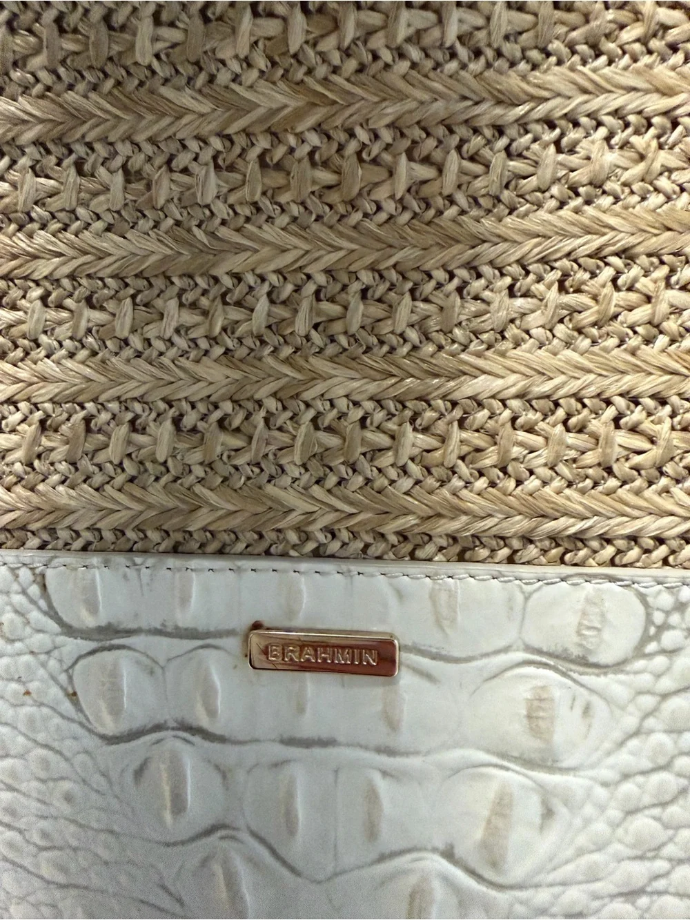Brahmin Neutral Straw Tote Bag with White Croc Trim